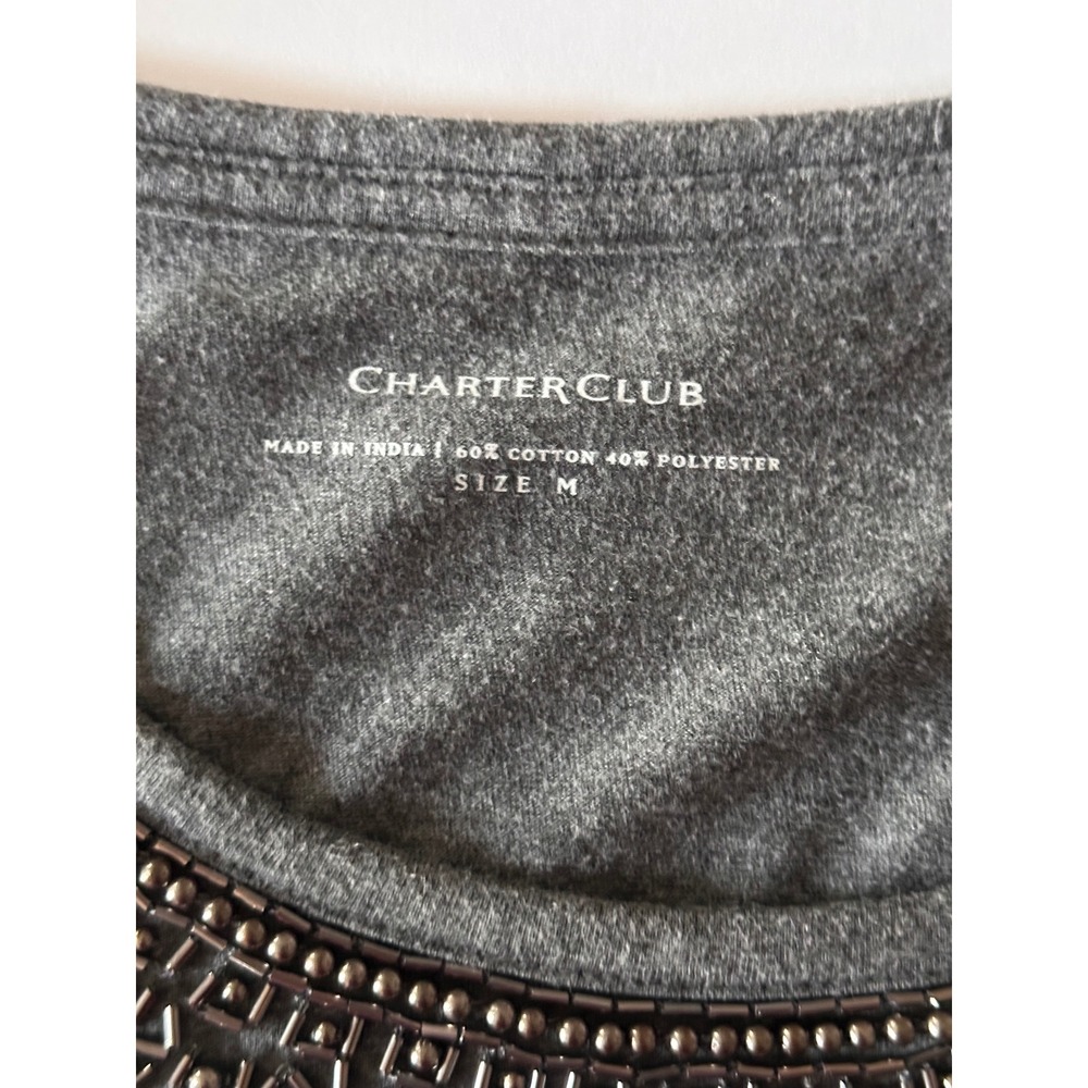 Charter Club Gray Embellished‎ Neckline T-Shirt Top Size M Casual